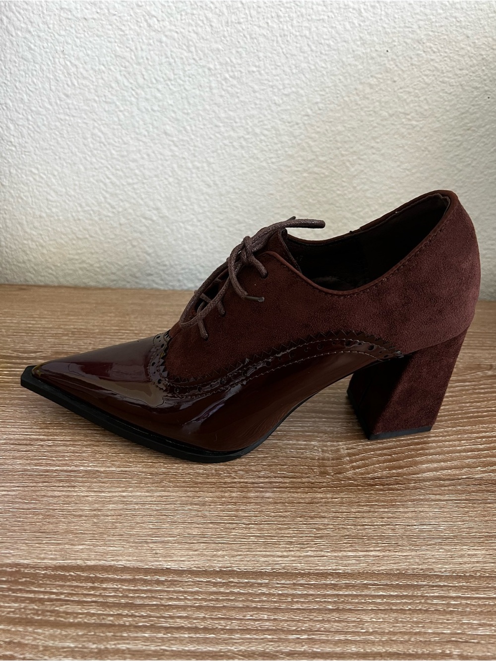 Brown Pointed Lace-Up Block Heel Oxfords - Picture 2 of 6